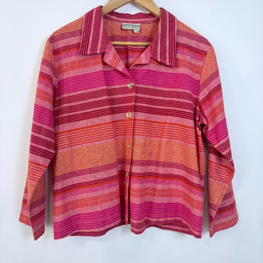 Coldwater Creek Striped Linen Blend Button Up Jacket Blazer PM Lightweight